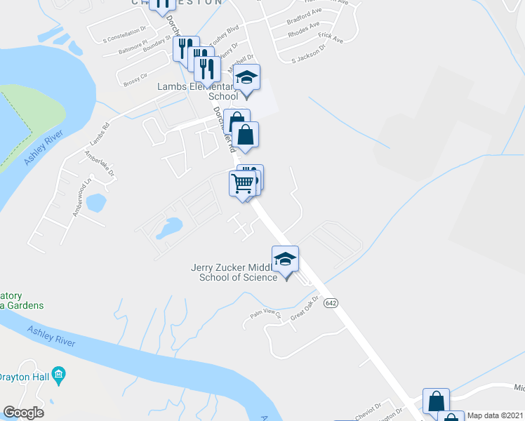 map of restaurants, bars, coffee shops, grocery stores, and more near 6600 Dorchester Road in North Charleston