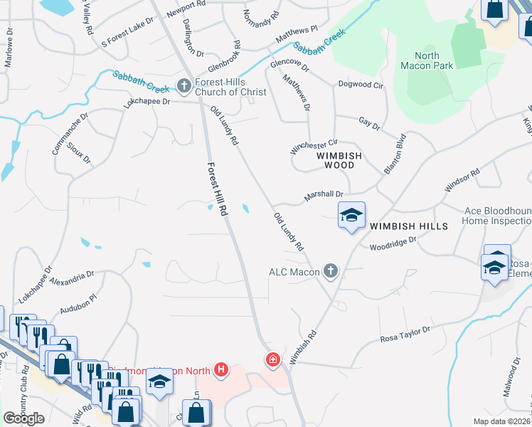 map of restaurants, bars, coffee shops, grocery stores, and more near 704 Old Lundy Road in Macon