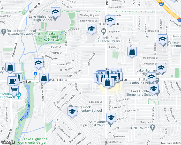 map of restaurants, bars, coffee shops, grocery stores, and more near 9707 Walnut Hill Lane in Dallas