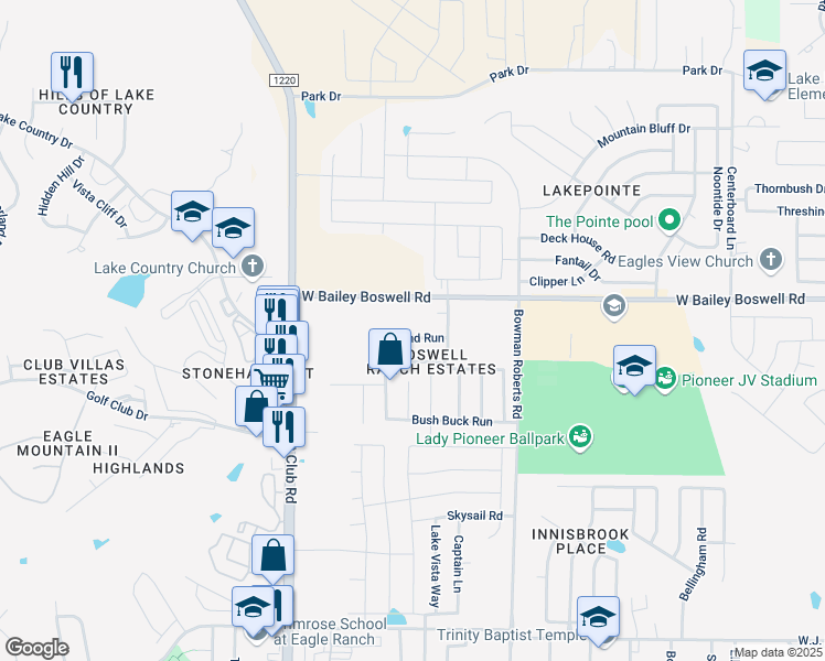 map of restaurants, bars, coffee shops, grocery stores, and more near 6262 Eland Run in Fort Worth