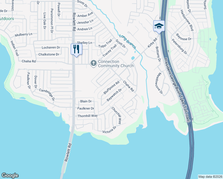 map of restaurants, bars, coffee shops, grocery stores, and more near 4102 Bluffpoint Road in Rowlett
