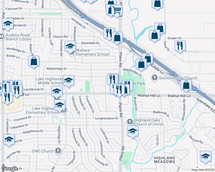 map of restaurants, bars, coffee shops, grocery stores, and more near 9744 Lanward Drive in Dallas