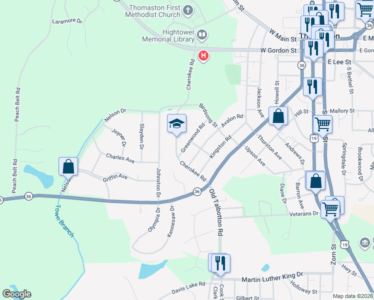 map of restaurants, bars, coffee shops, grocery stores, and more near 802 Avalon Road in Thomaston