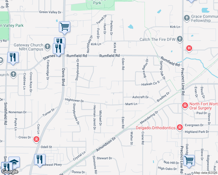 map of restaurants, bars, coffee shops, grocery stores, and more near 7221 Everglade Drive in North Richland Hills
