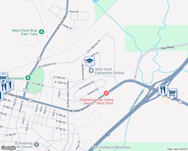 map of restaurants, bars, coffee shops, grocery stores, and more near 1701 East 12th Street in West Point