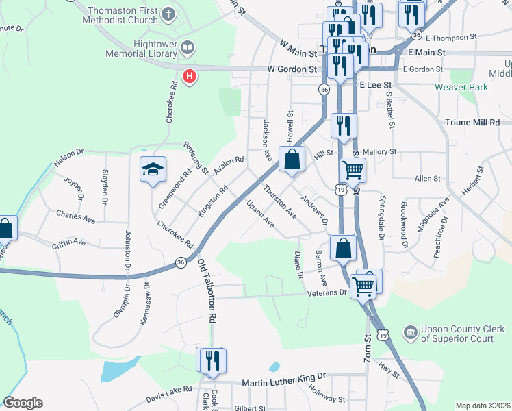 map of restaurants, bars, coffee shops, grocery stores, and more near 701 South Green Street in Thomaston