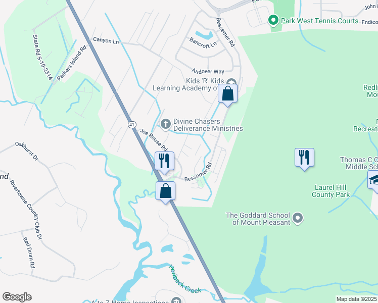 map of restaurants, bars, coffee shops, grocery stores, and more near 1481 McAdams Court in Mount Pleasant