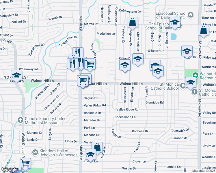 map of restaurants, bars, coffee shops, grocery stores, and more near 3822 Walnut Hill Lane in Dallas