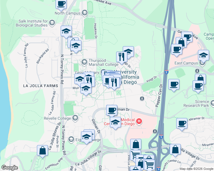 map of restaurants, bars, coffee shops, grocery stores, and more near 9500 Gilman Drive in San Diego