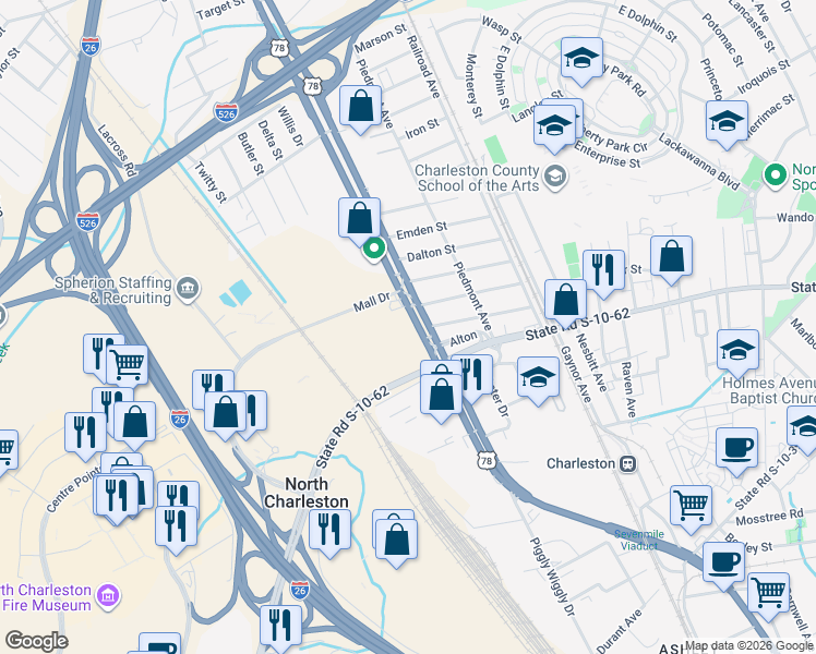 map of restaurants, bars, coffee shops, grocery stores, and more near 4835 Rivers Avenue in North Charleston