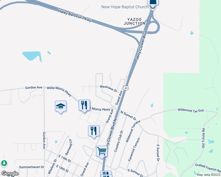 map of restaurants, bars, coffee shops, grocery stores, and more near 480 Westview Drive in Yazoo City