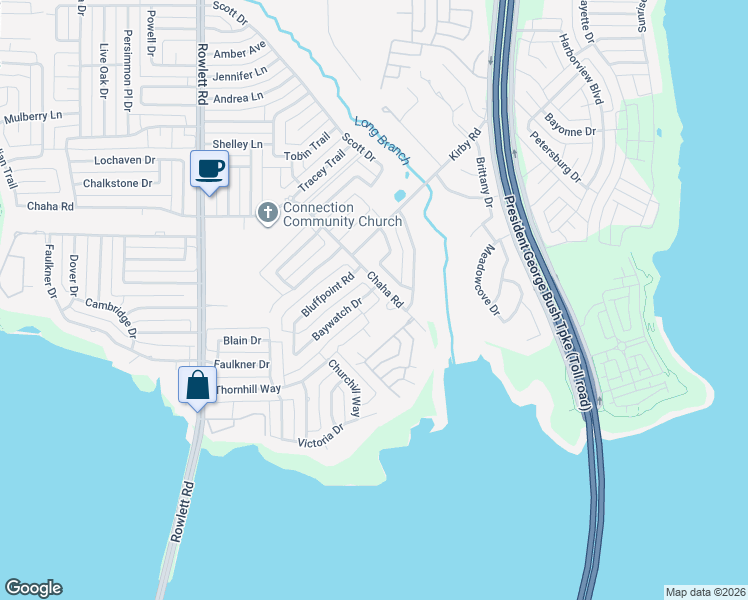 map of restaurants, bars, coffee shops, grocery stores, and more near 4302 Baywatch Drive in Rowlett