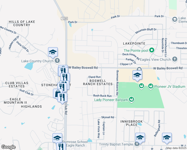 map of restaurants, bars, coffee shops, grocery stores, and more near 6262 Eland Run in Fort Worth