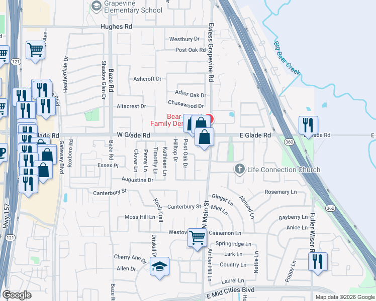 map of restaurants, bars, coffee shops, grocery stores, and more near 3002 Post Oak Drive in Euless