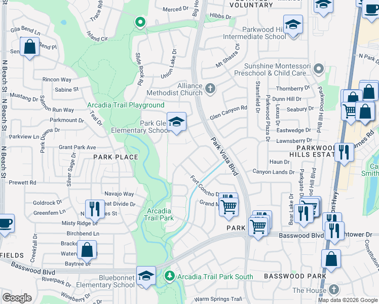 map of restaurants, bars, coffee shops, grocery stores, and more near 7724 Arcadia Trail in Fort Worth