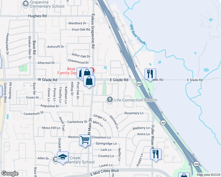 map of restaurants, bars, coffee shops, grocery stores, and more near 3009 Honey Locust Drive in Euless