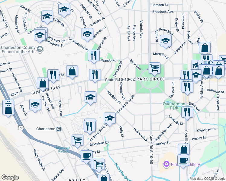 map of restaurants, bars, coffee shops, grocery stores, and more near 4723 Marlboro Road in North Charleston