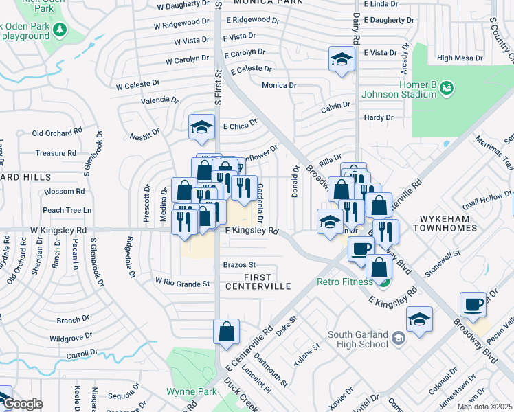 map of restaurants, bars, coffee shops, grocery stores, and more near 3001 Gardenia Drive in Garland