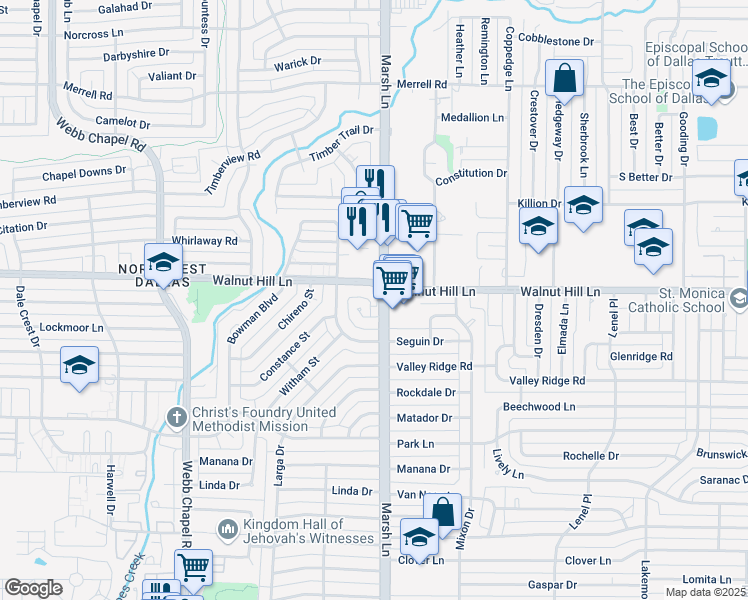 map of restaurants, bars, coffee shops, grocery stores, and more near 9991 Marsh Lane in Dallas