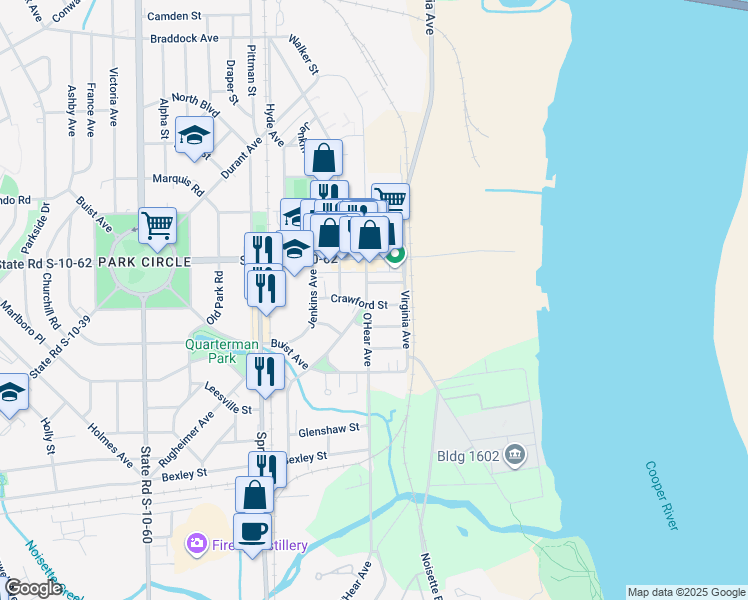 map of restaurants, bars, coffee shops, grocery stores, and more near 4704 O'Hear Avenue in North Charleston