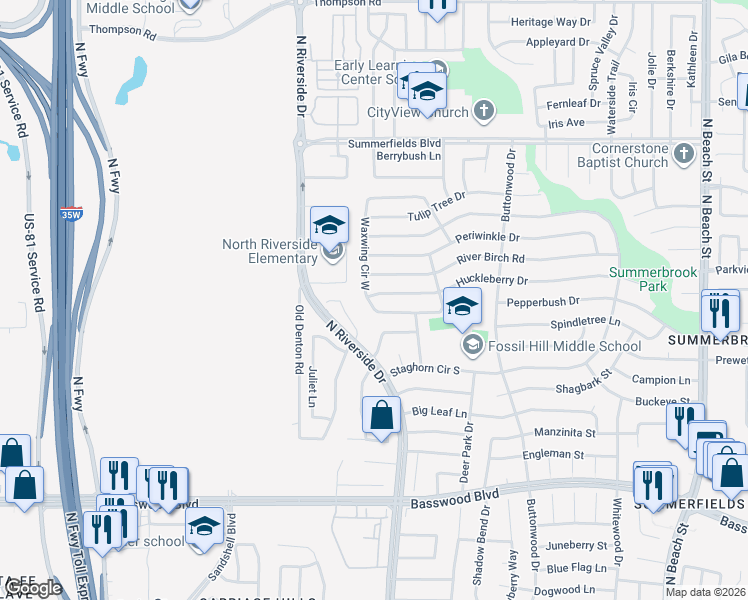 map of restaurants, bars, coffee shops, grocery stores, and more near 1950 Huckleberry Drive in Fort Worth