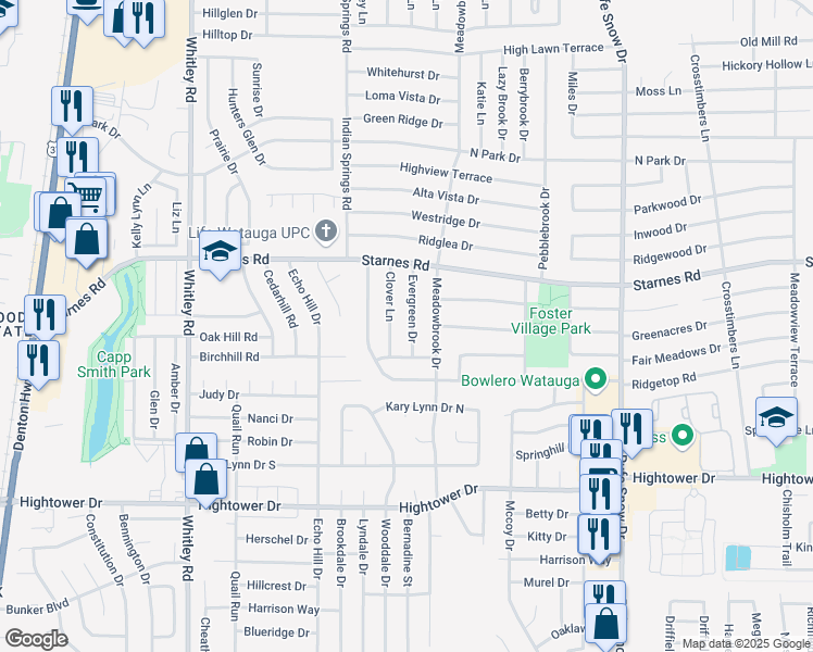 map of restaurants, bars, coffee shops, grocery stores, and more near 7521 Evergreen Drive in Watauga