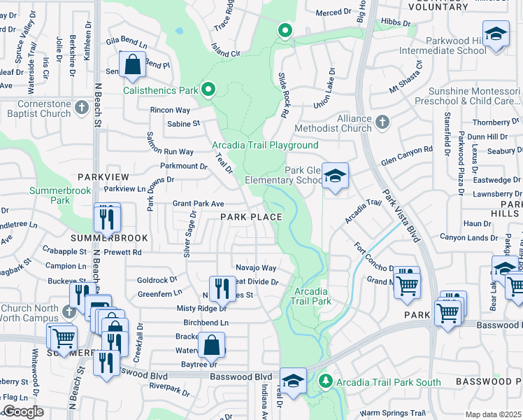 map of restaurants, bars, coffee shops, grocery stores, and more near 7805 Park Trails Dr in Fort Worth