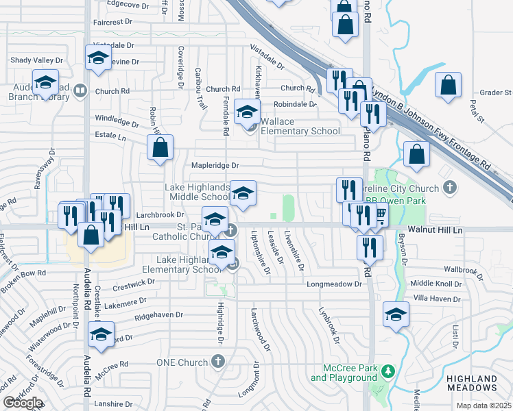 map of restaurants, bars, coffee shops, grocery stores, and more near 10301 Walnut Hill Lane in Dallas
