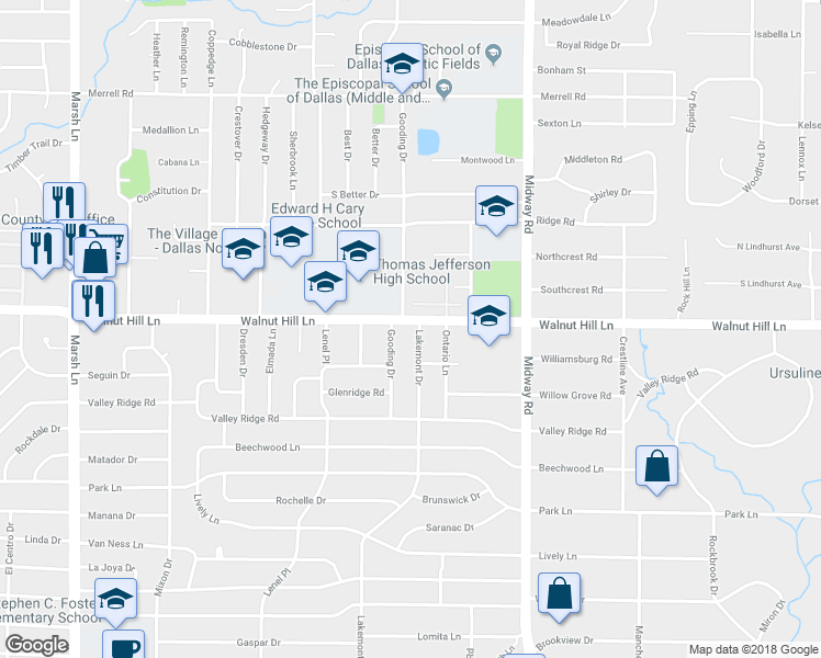 map of restaurants, bars, coffee shops, grocery stores, and more near 4080 Walnut Hill Lane in Dallas