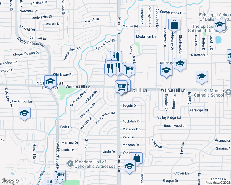 map of restaurants, bars, coffee shops, grocery stores, and more near 9991 Marsh Lane in Dallas