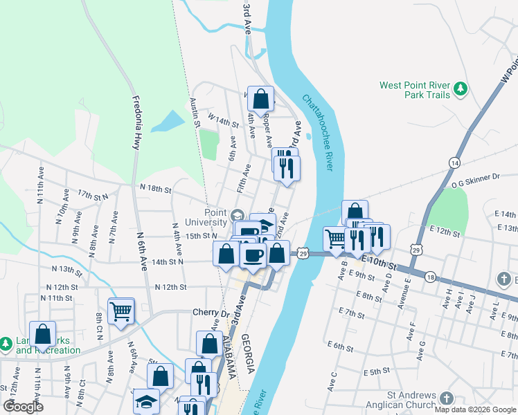 map of restaurants, bars, coffee shops, grocery stores, and more near 1006 4th Avenue in West Point