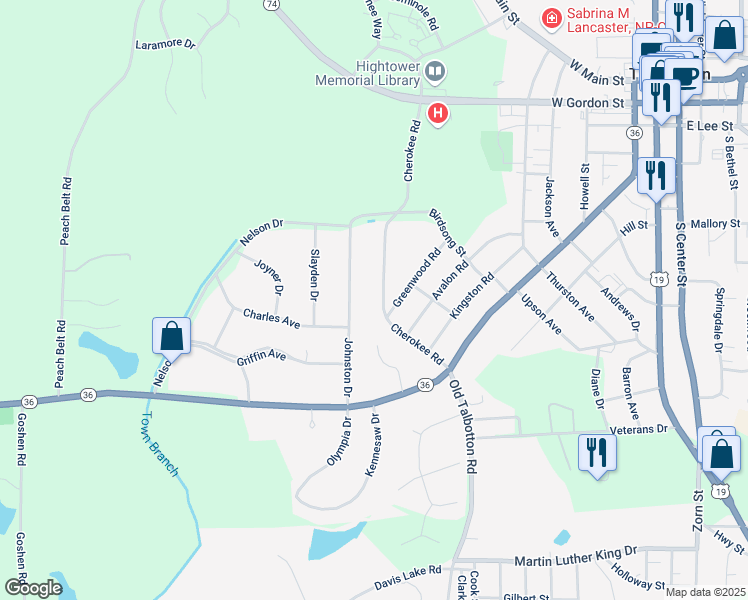 map of restaurants, bars, coffee shops, grocery stores, and more near 316 Cherokee Road in Thomaston