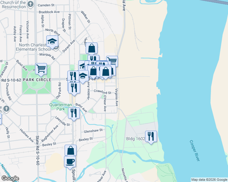 map of restaurants, bars, coffee shops, grocery stores, and more near 1004 Crawford Street in North Charleston