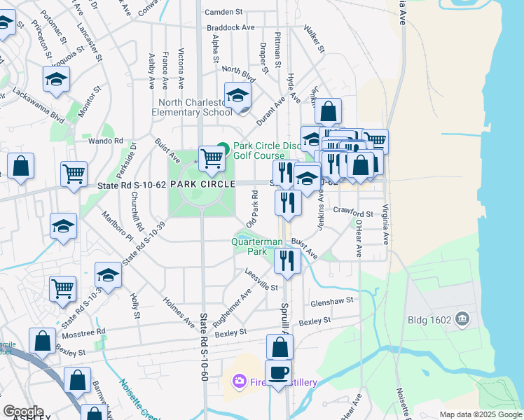 map of restaurants, bars, coffee shops, grocery stores, and more near 4700 Old Park Road in North Charleston