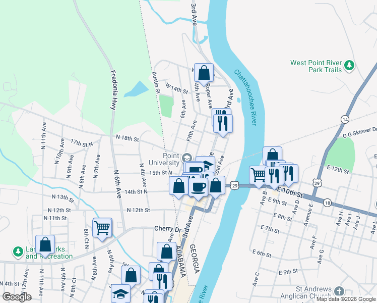 map of restaurants, bars, coffee shops, grocery stores, and more near 1002 Fifth Avenue in West Point