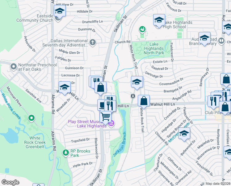 map of restaurants, bars, coffee shops, grocery stores, and more near Whistle Stop Place in Dallas