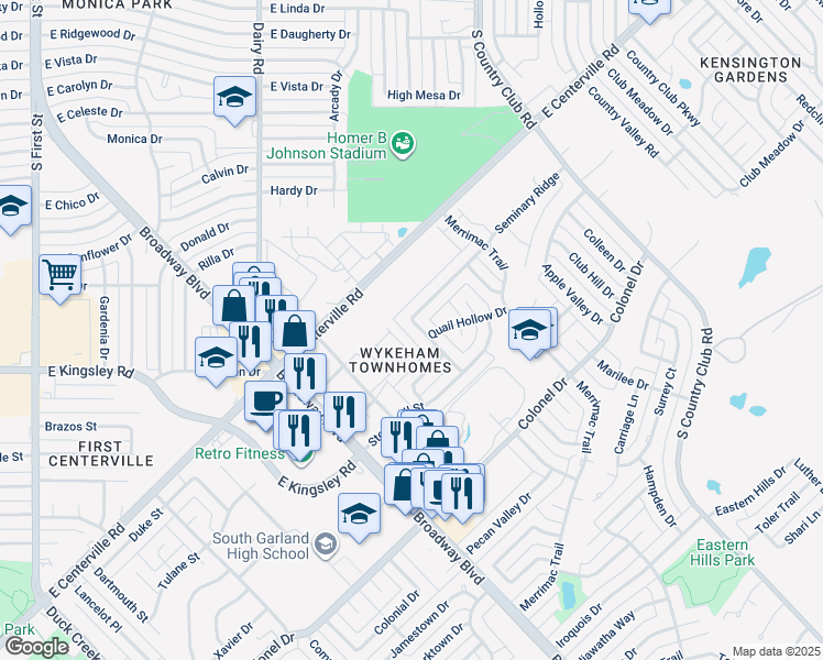 map of restaurants, bars, coffee shops, grocery stores, and more near 3005 Club Country Drive in Garland