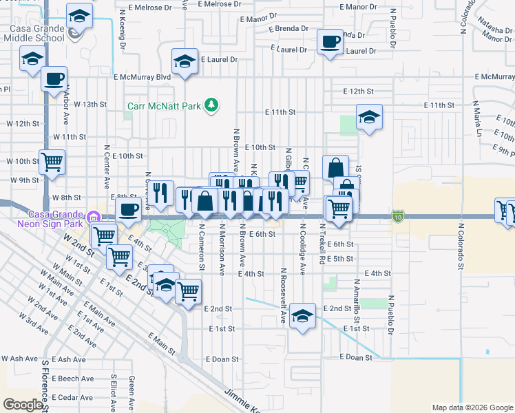 map of restaurants, bars, coffee shops, grocery stores, and more near 704 North Kadota Avenue in Casa Grande