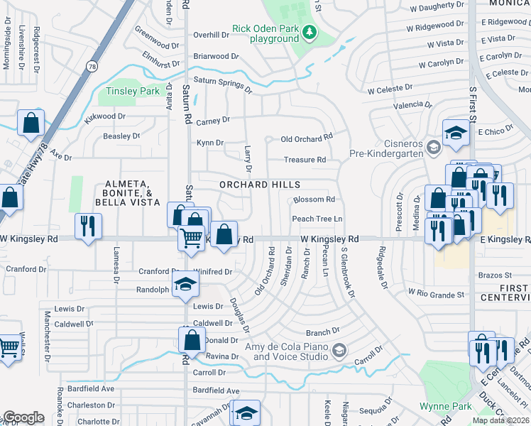 map of restaurants, bars, coffee shops, grocery stores, and more near 2929 Old Orchard Road in Garland