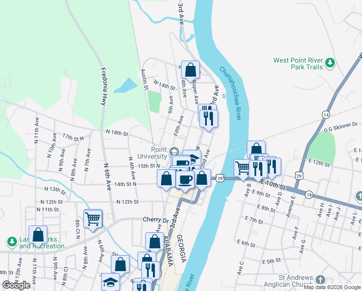 map of restaurants, bars, coffee shops, grocery stores, and more near 1002 Fifth Avenue in West Point
