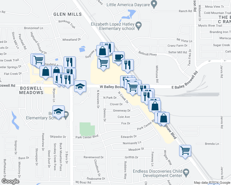 map of restaurants, bars, coffee shops, grocery stores, and more near 1321 North Creek Drive in Fort Worth