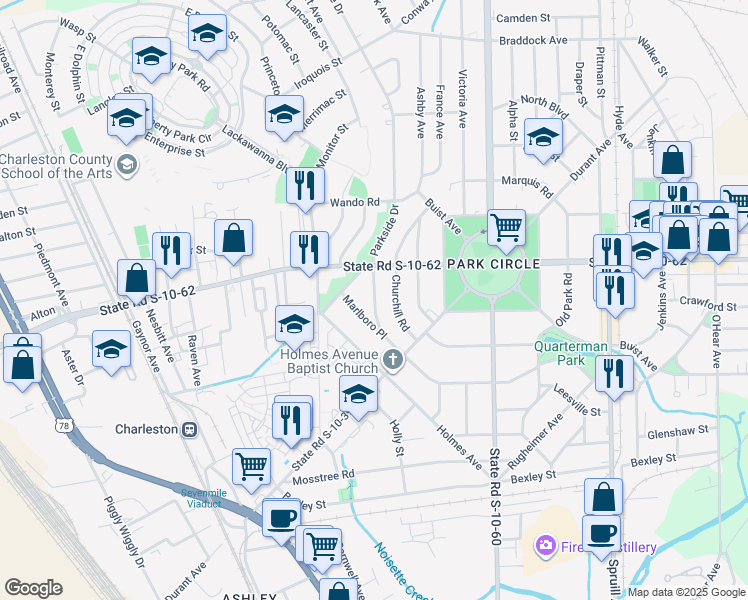 map of restaurants, bars, coffee shops, grocery stores, and more near 4723 Marlboro Road in North Charleston