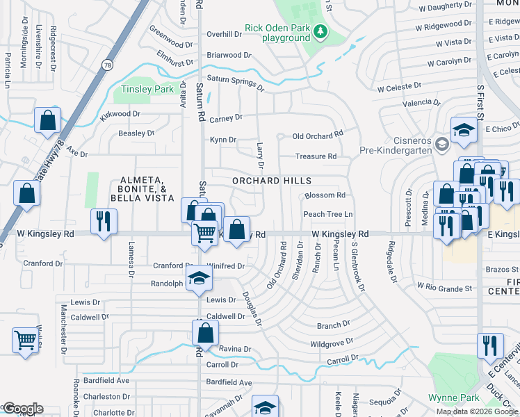 map of restaurants, bars, coffee shops, grocery stores, and more near 1313 Larry Drive in Garland