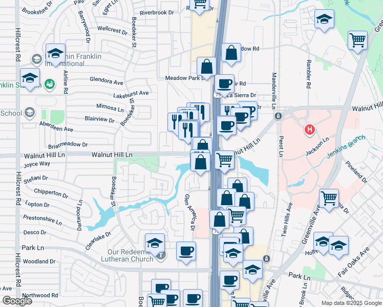 map of restaurants, bars, coffee shops, grocery stores, and more near 7750 Walnut Hill Lane in Dallas