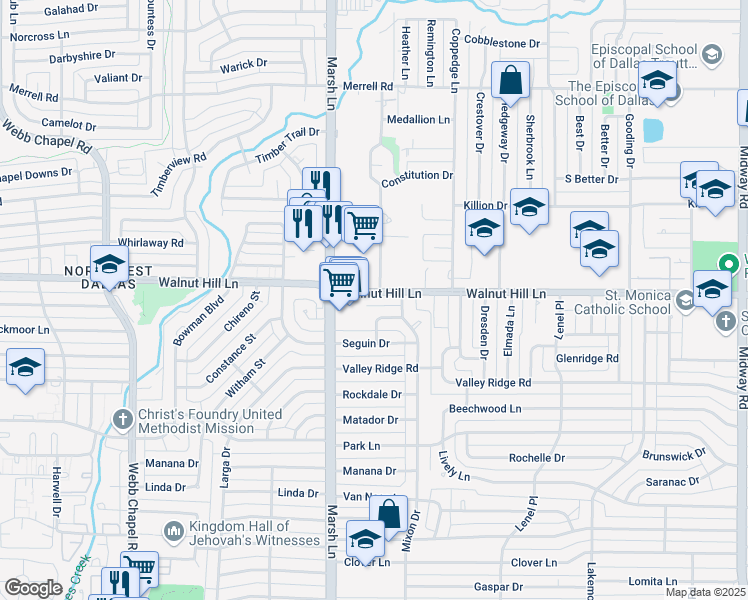 map of restaurants, bars, coffee shops, grocery stores, and more near 3720 Walnut Hill Lane in Dallas