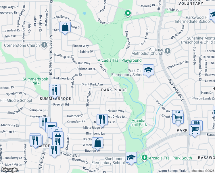 map of restaurants, bars, coffee shops, grocery stores, and more near 4820 Grant Park Avenue in Fort Worth