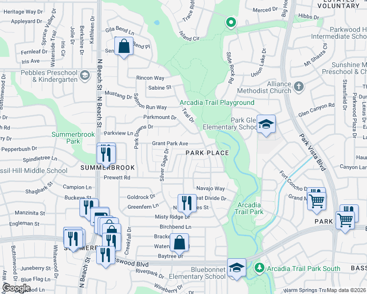 map of restaurants, bars, coffee shops, grocery stores, and more near 4720 Grant Park Avenue in Fort Worth