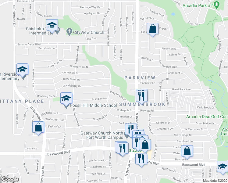 map of restaurants, bars, coffee shops, grocery stores, and more near 4309 Pepperbush Drive in Fort Worth