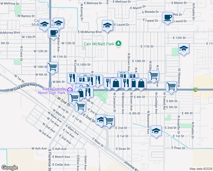 map of restaurants, bars, coffee shops, grocery stores, and more near 420 East Florence Boulevard in Casa Grande
