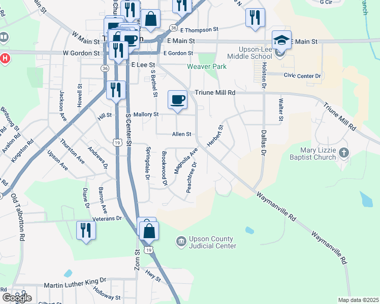 map of restaurants, bars, coffee shops, grocery stores, and more near 406 Brookwood Drive in Thomaston